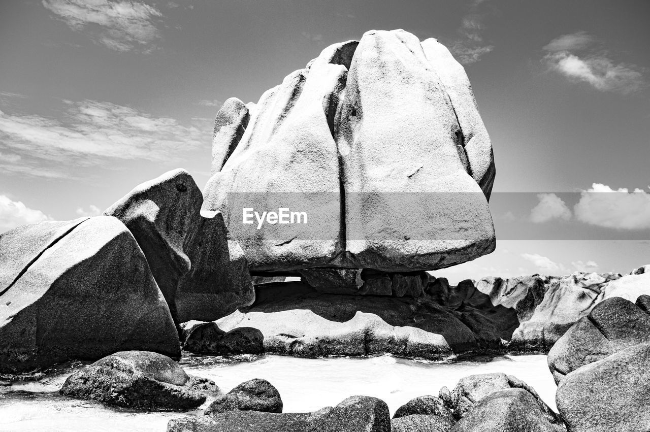 Granite rocks on water against sky