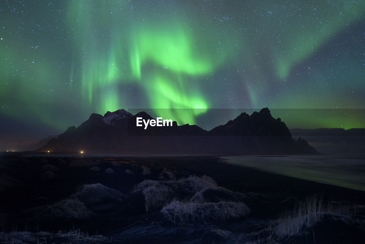 Vestrahorn and its black sand beach in iceland.sand dunes on the stokksnes on southeastern icelandic 