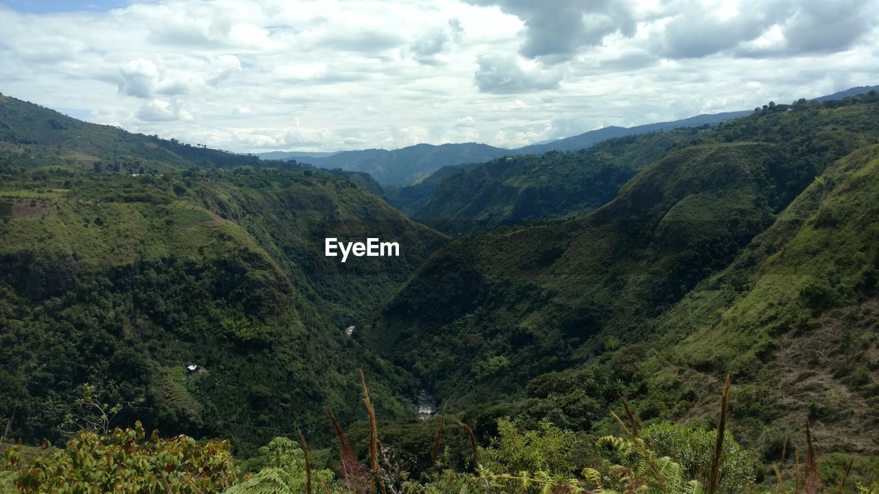 IDYLLIC SHOT OF GREEN LANDSCAPE AND MOUNTAINS AGAINST SKY