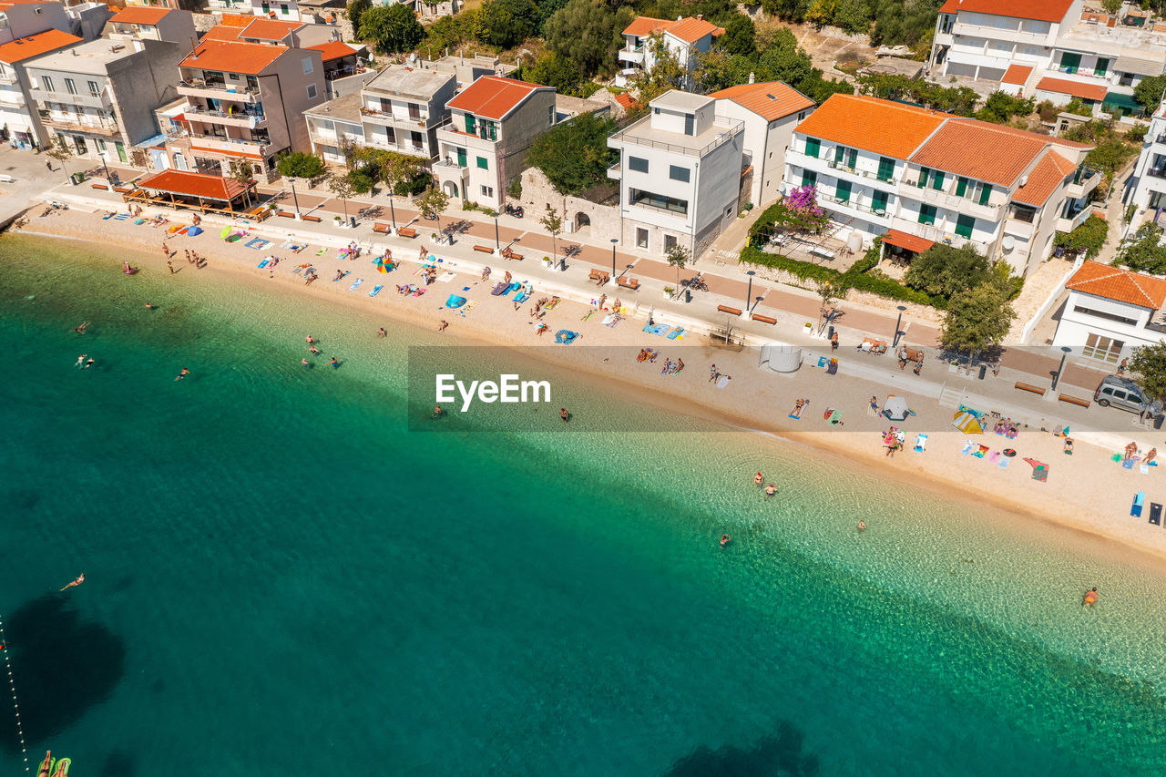 Aerial view of igrane town, the adriatic sea, croatia