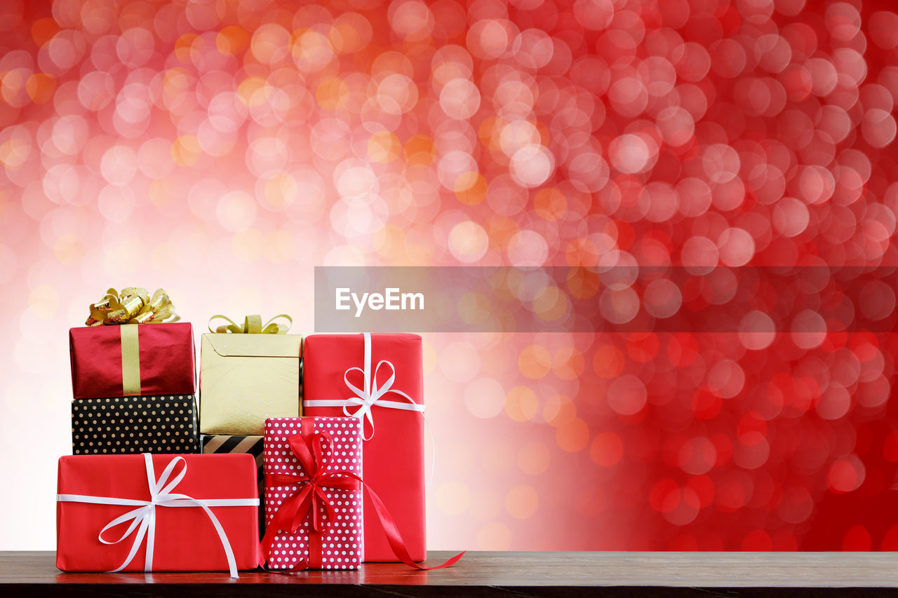 Close-up of christmas presents on table