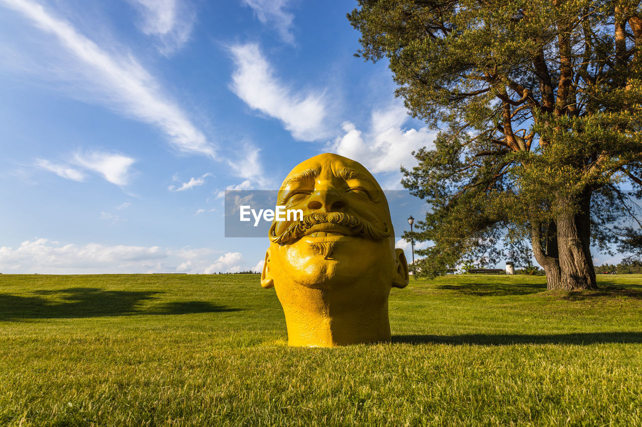 The container - yellow head sculpture in the birstonas, lithuania, 4 june 2022