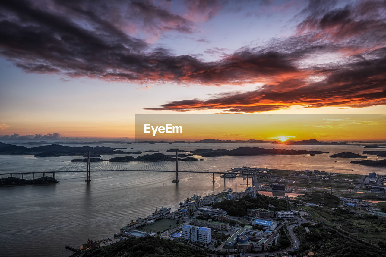 Sunset view of mokpo bridge and the port area taken from yudalsan mountain in mokpo, south korea.