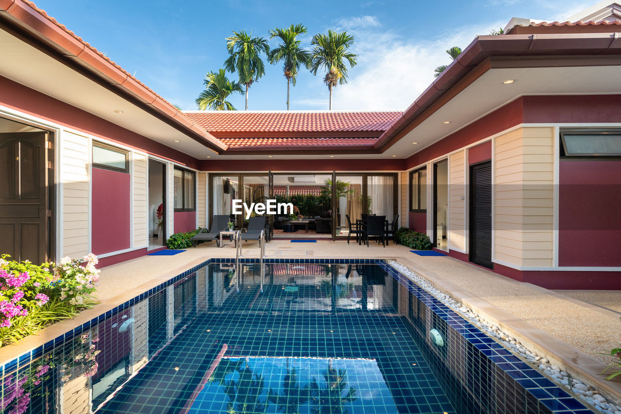 VIEW OF SWIMMING POOL AGAINST BUILDINGS