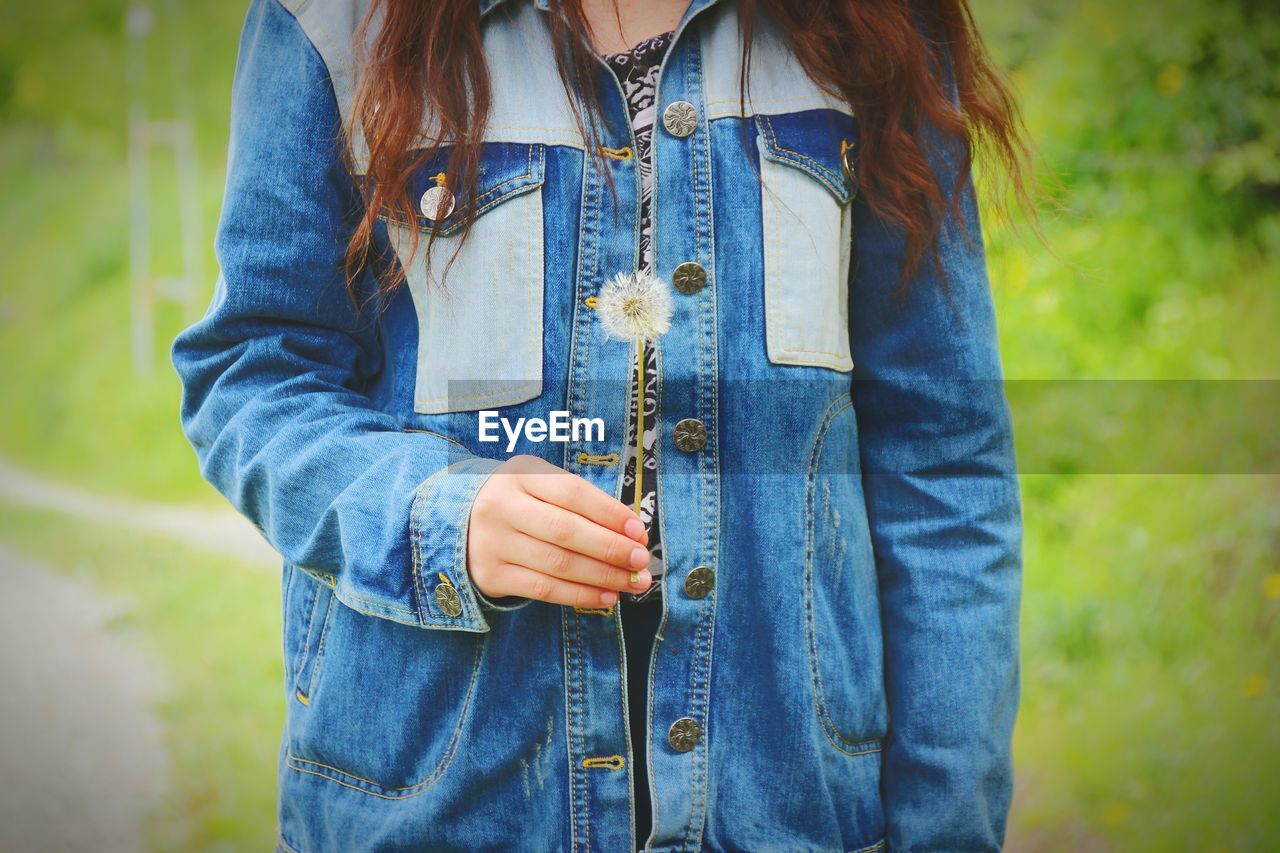 Mid section of a girl holding dandelion flower