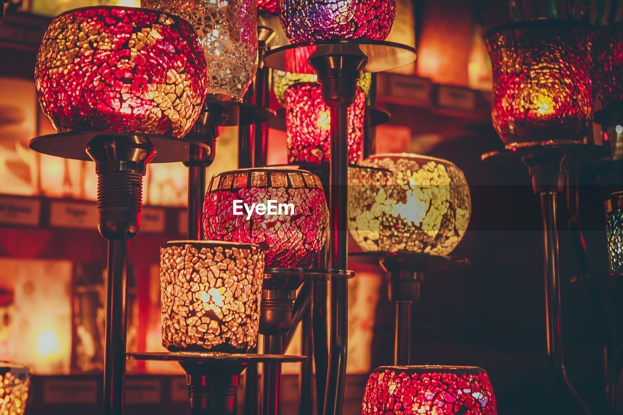 Close-up of illuminated lanterns