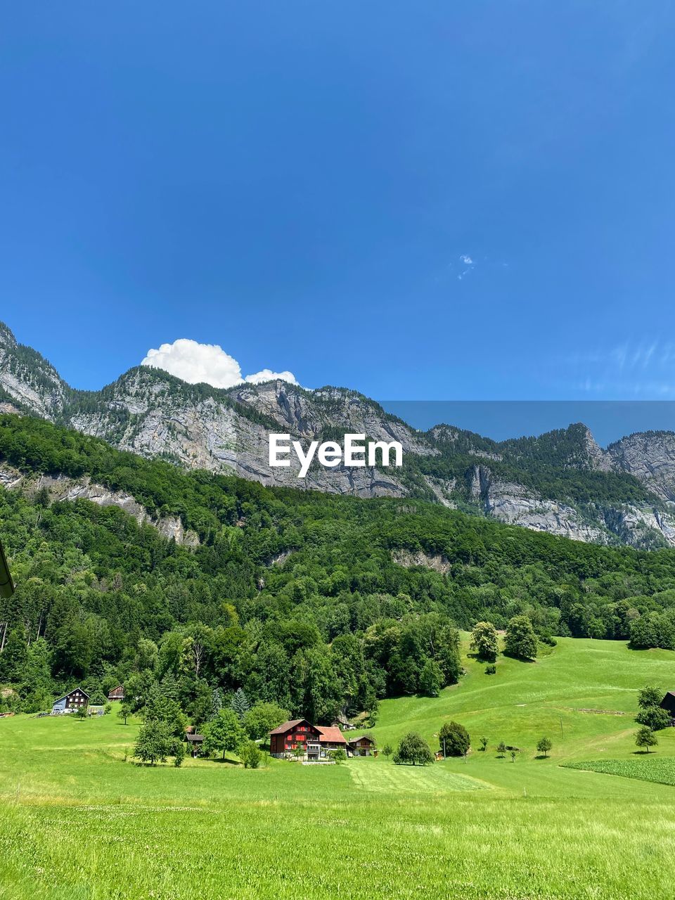 Scenic view of field and mountains against blue sky