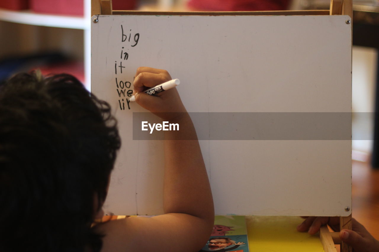 Rear view of girl writing on board