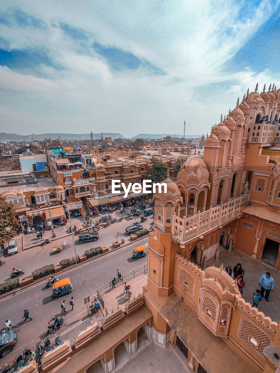 High angle view of hawa mahal townscape against sky