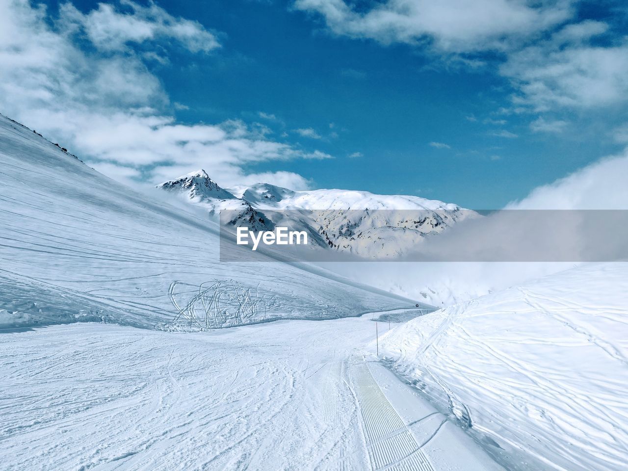 SNOW COVERED LANDSCAPE AGAINST SKY