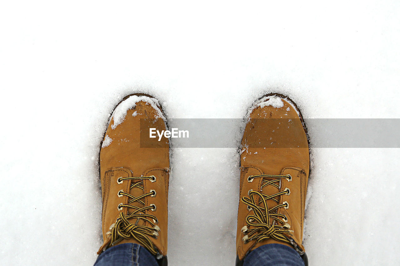 Low section of man standing on snow covered field