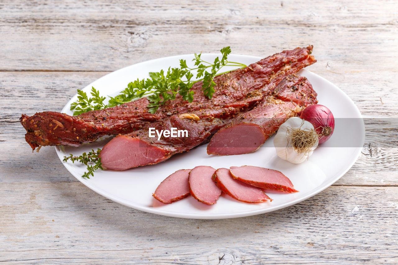 high angle view of food served in plate on table