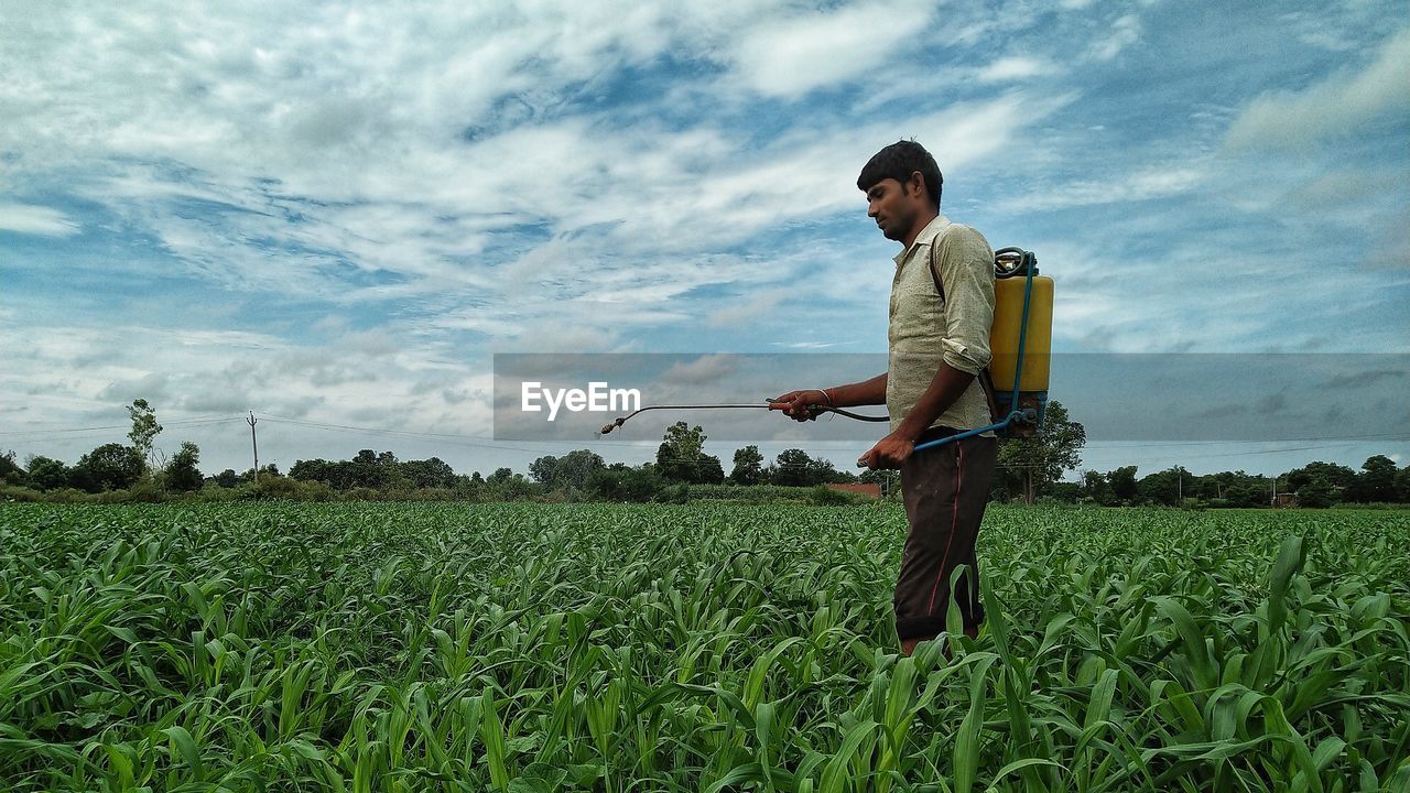 Man spraying insecticide on crops