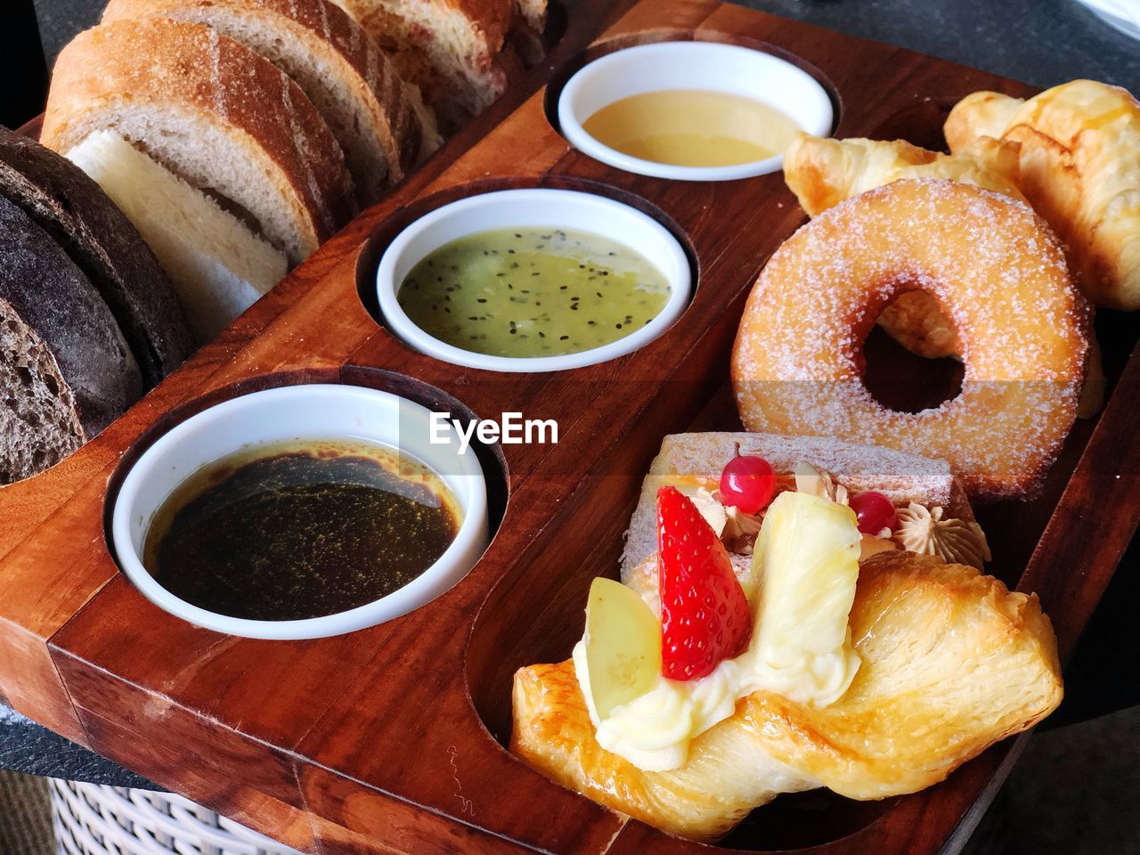 High angle view of breakfast on table