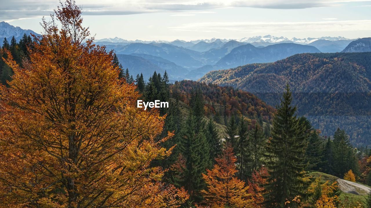 Scenic view of mountains against sky during autumn