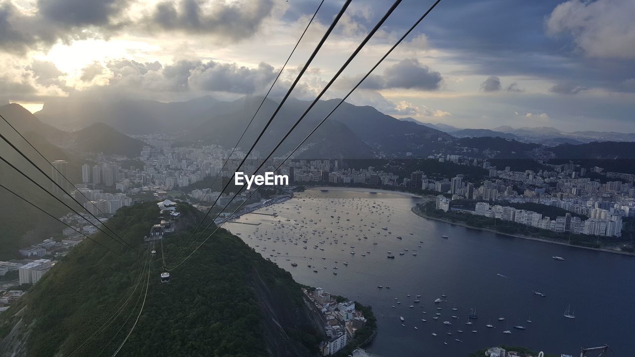 HIGH ANGLE VIEW OF OVERHEAD CABLE CARS IN CITY