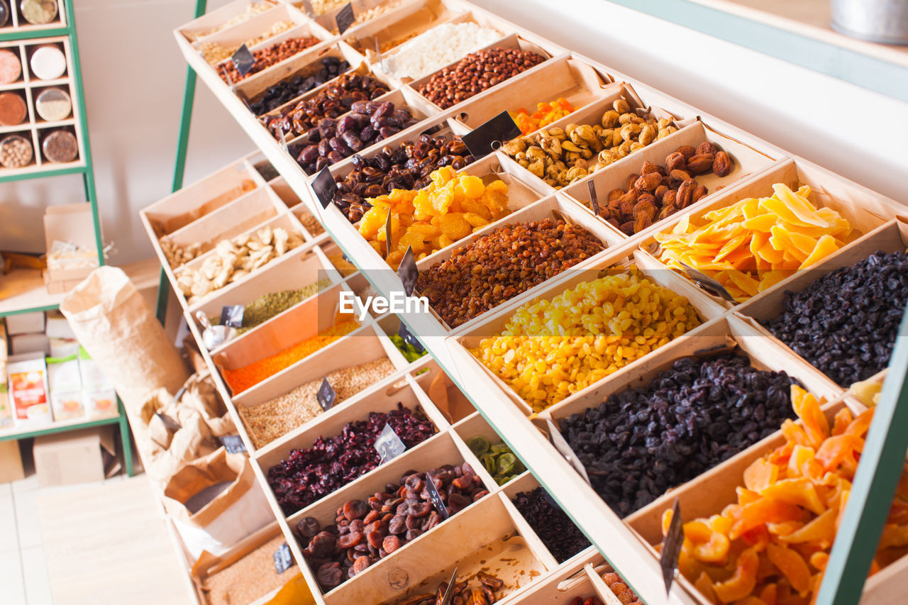 HIGH ANGLE VIEW OF FOOD FOR SALE AT STORE