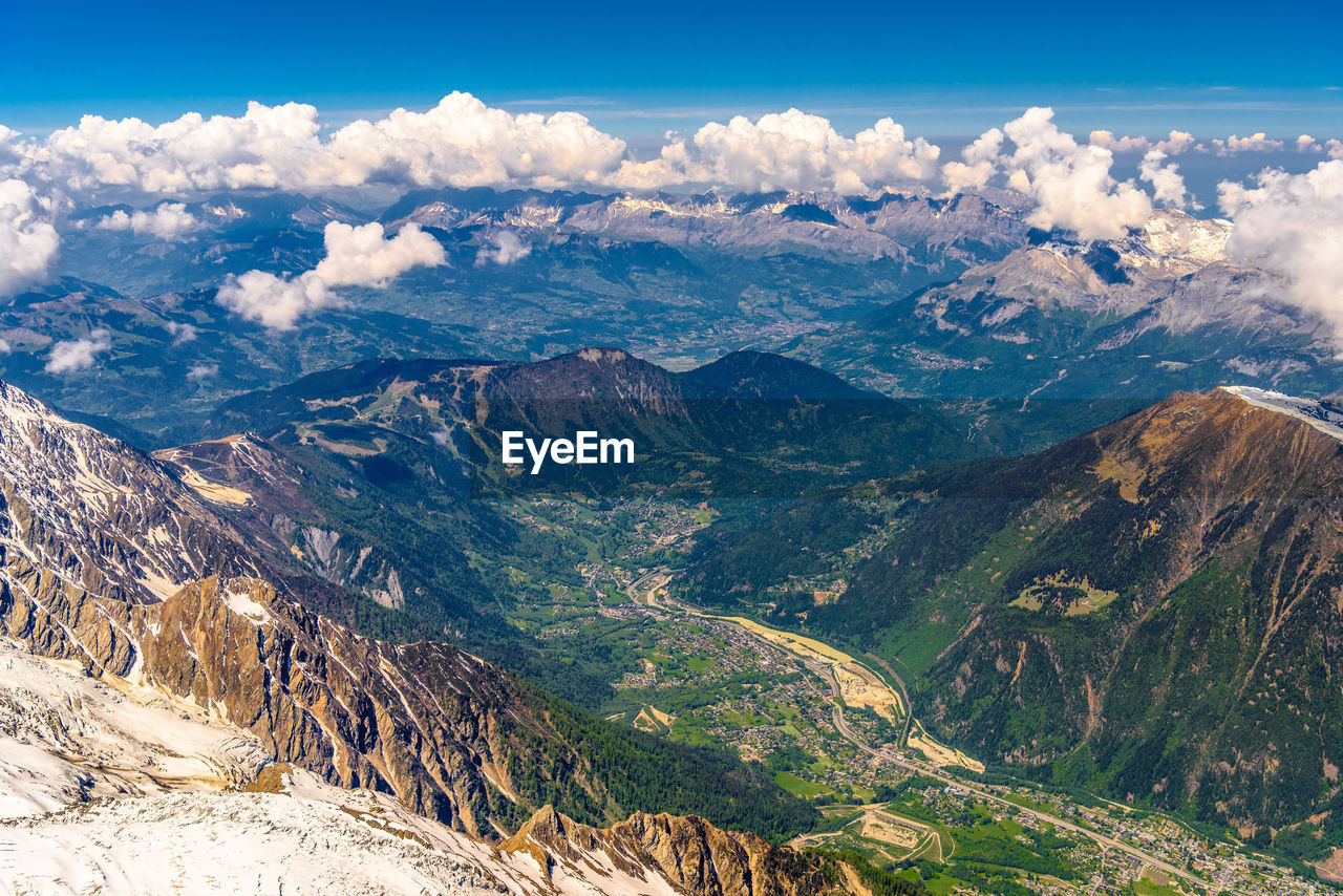 Aerial view of snowcapped mountains against sky