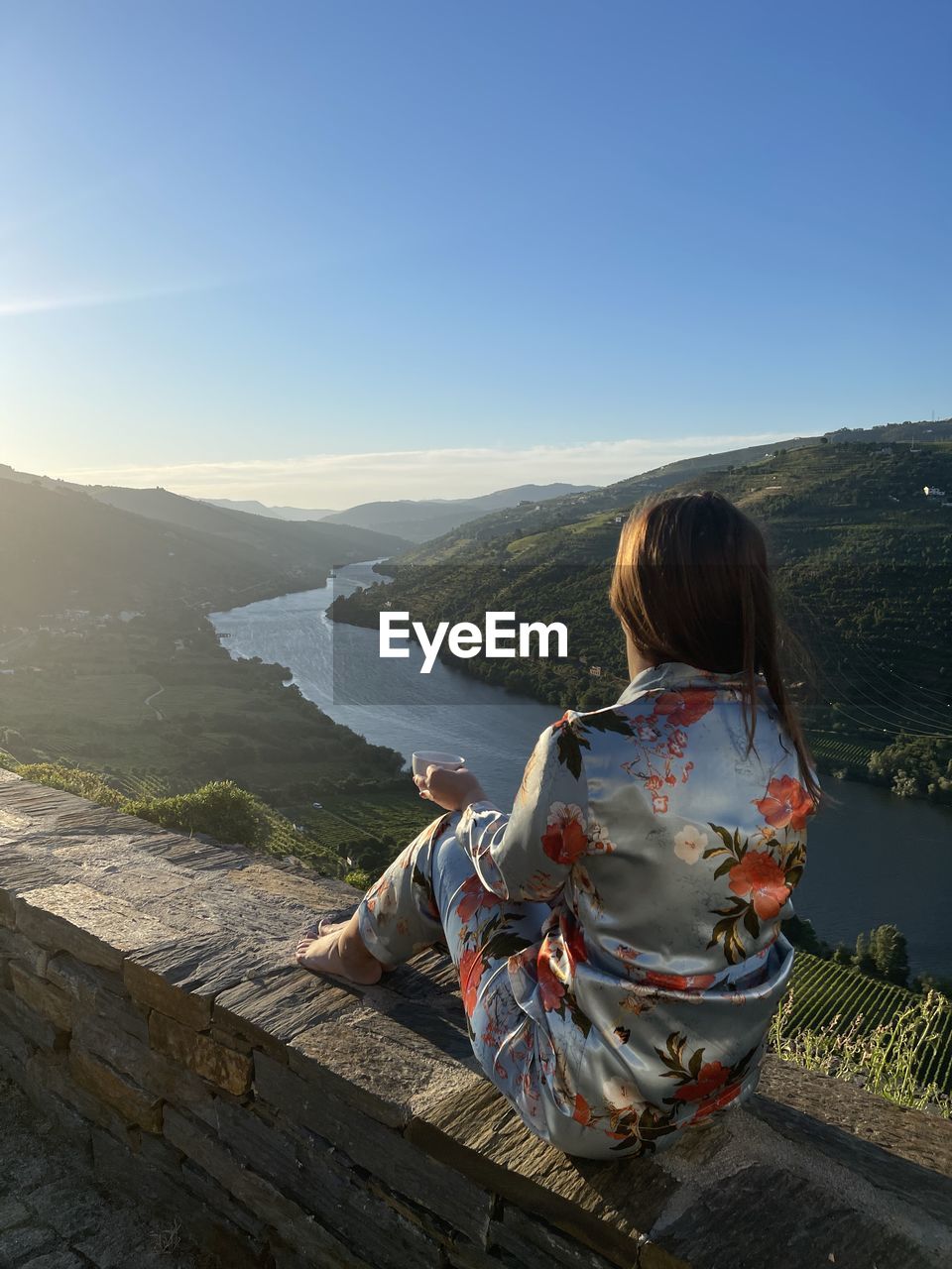 Rear view of woman looking at mountains against clear sky