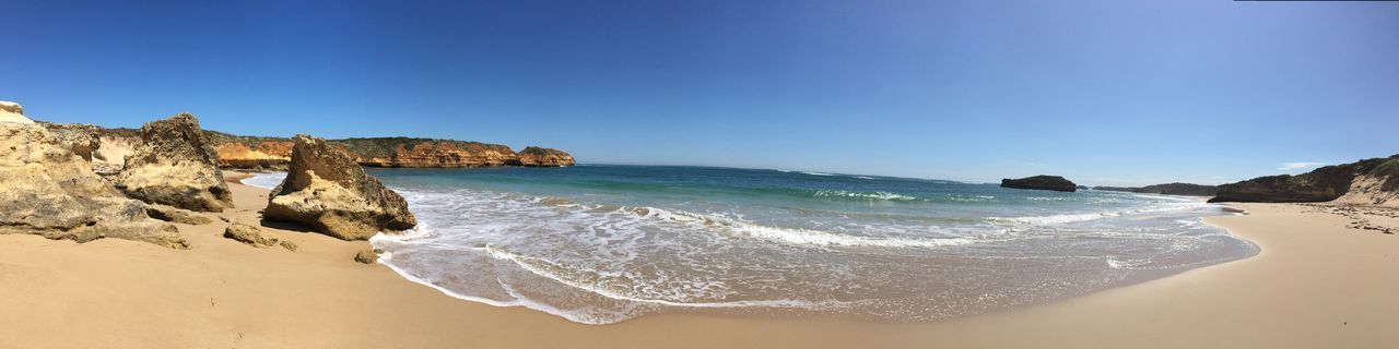 Panoramic view of sea against clear blue sky