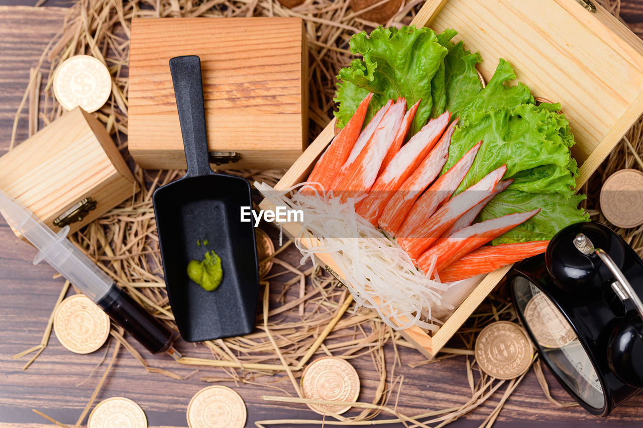 high angle view of food on table