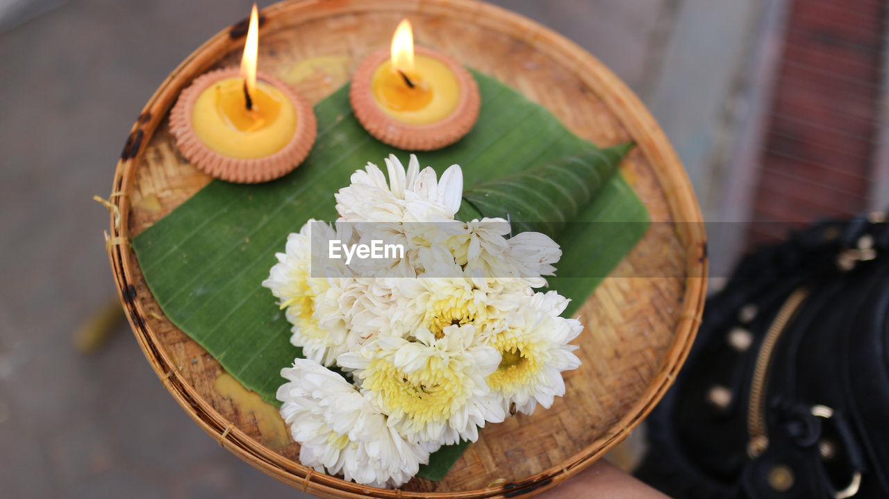 Cropped hand of woman holding flower and diya in plate