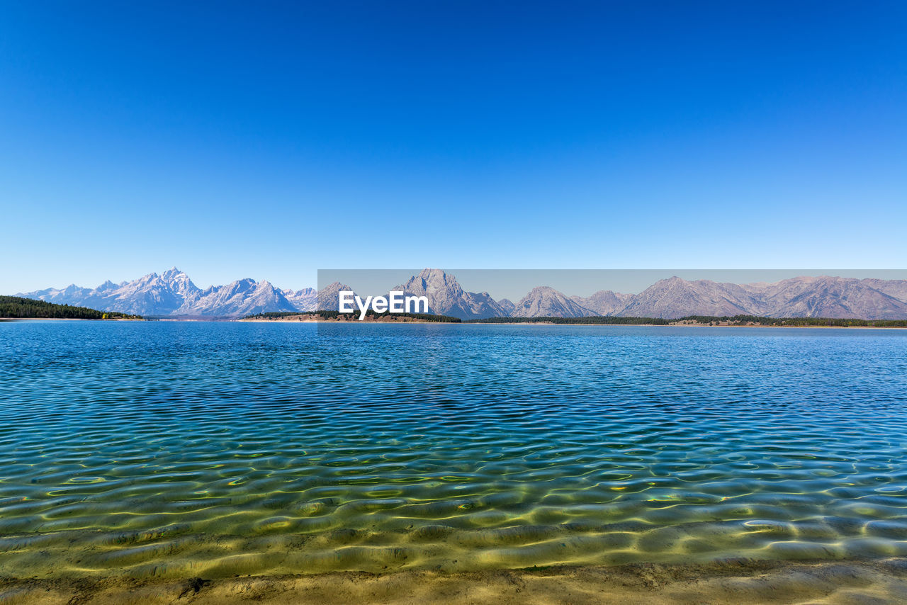 Scenic view of lake against clear blue sky