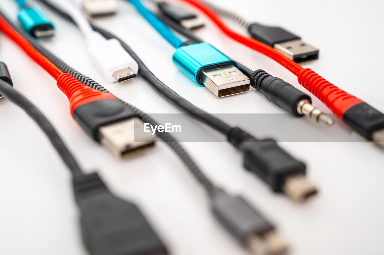 cable, close-up, no people, studio shot, variation, white background, indoors, group of objects, business, technology, equipment, healthcare and medicine