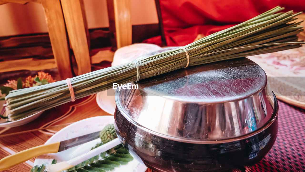 High angle view of paintbrushes on table