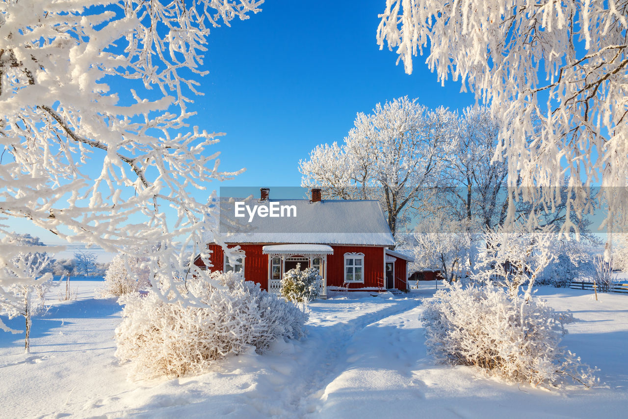 Idyllic red cottage in a beautiful winter landscape