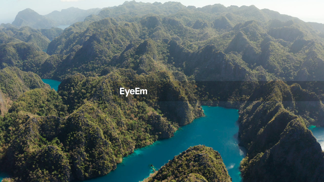 Aerial drone kayangan lake with blue water on tropical island coron. lake in the mountains 