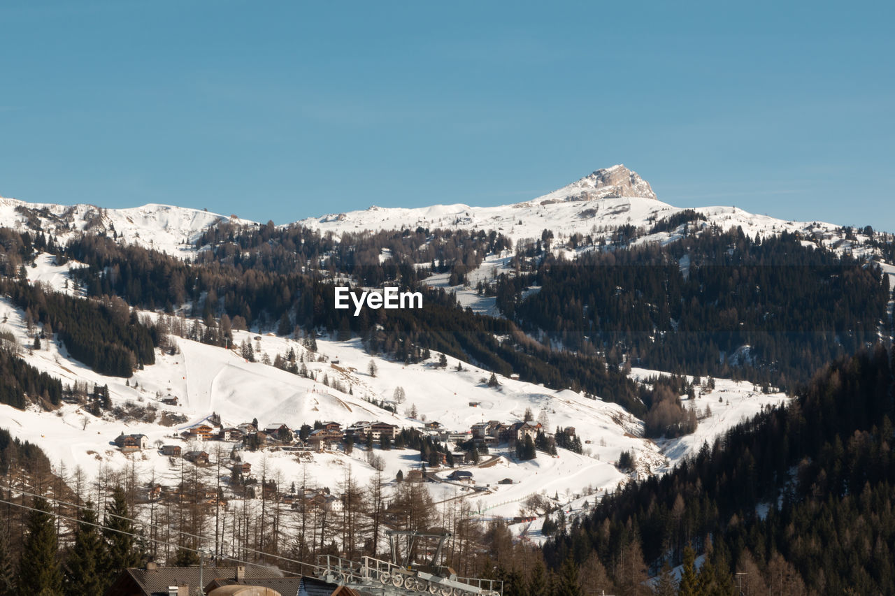 Scenic view of snowcapped mountains against clear sky