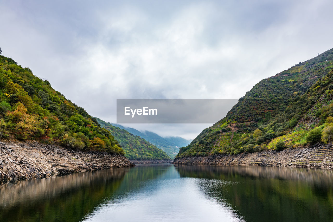 Scenic view of lake and mountains against sky