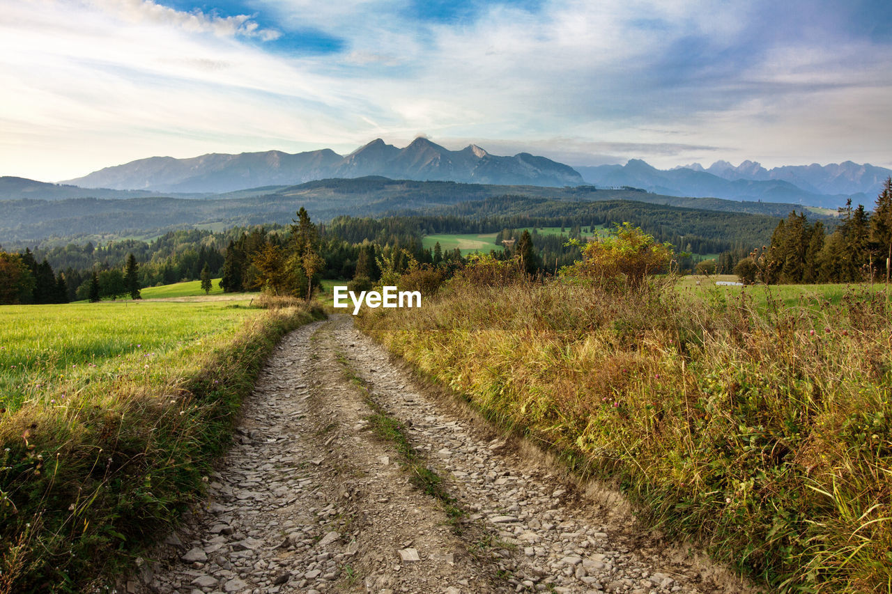 Dirt road amidst field against sky