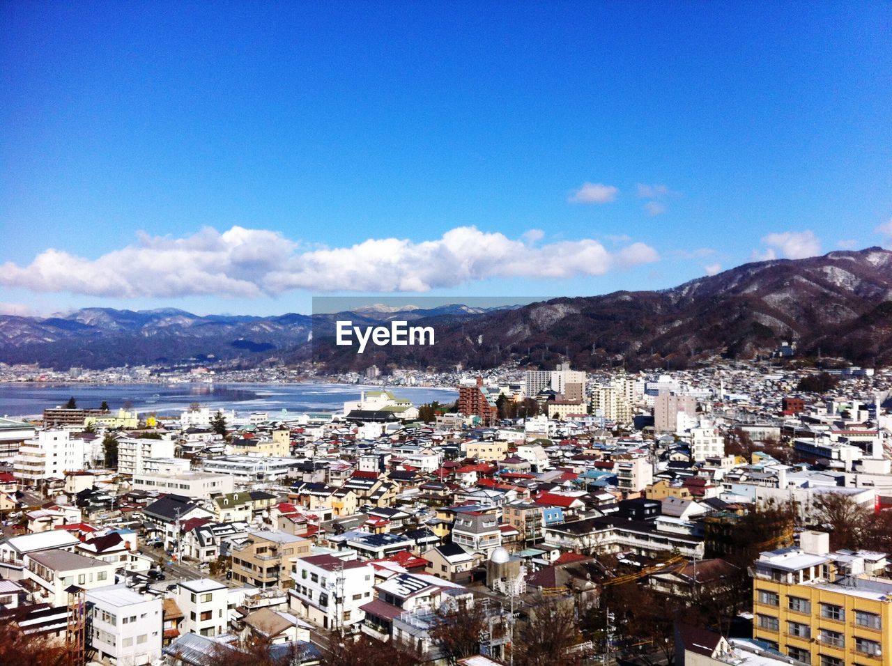 HIGH ANGLE VIEW OF CITYSCAPE AGAINST CLOUDY SKY