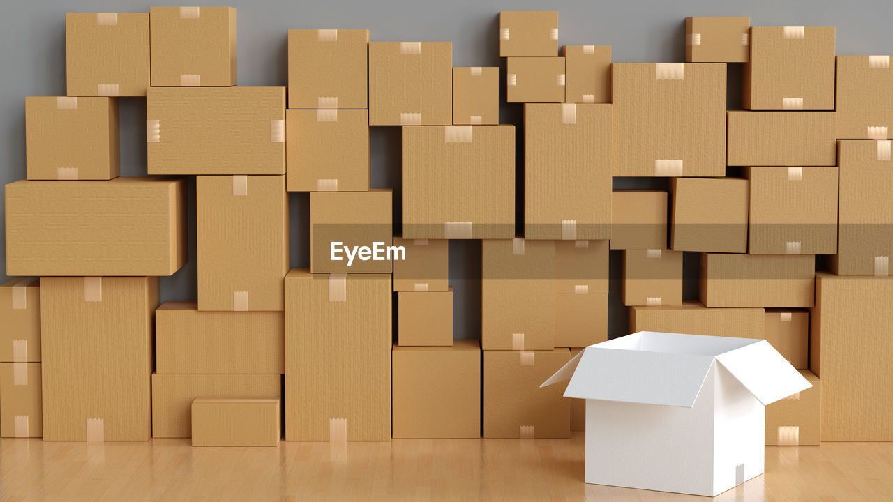 Stack of cardboard box carton or parcel in logistics warehouse distribution packaging.. 3d render.