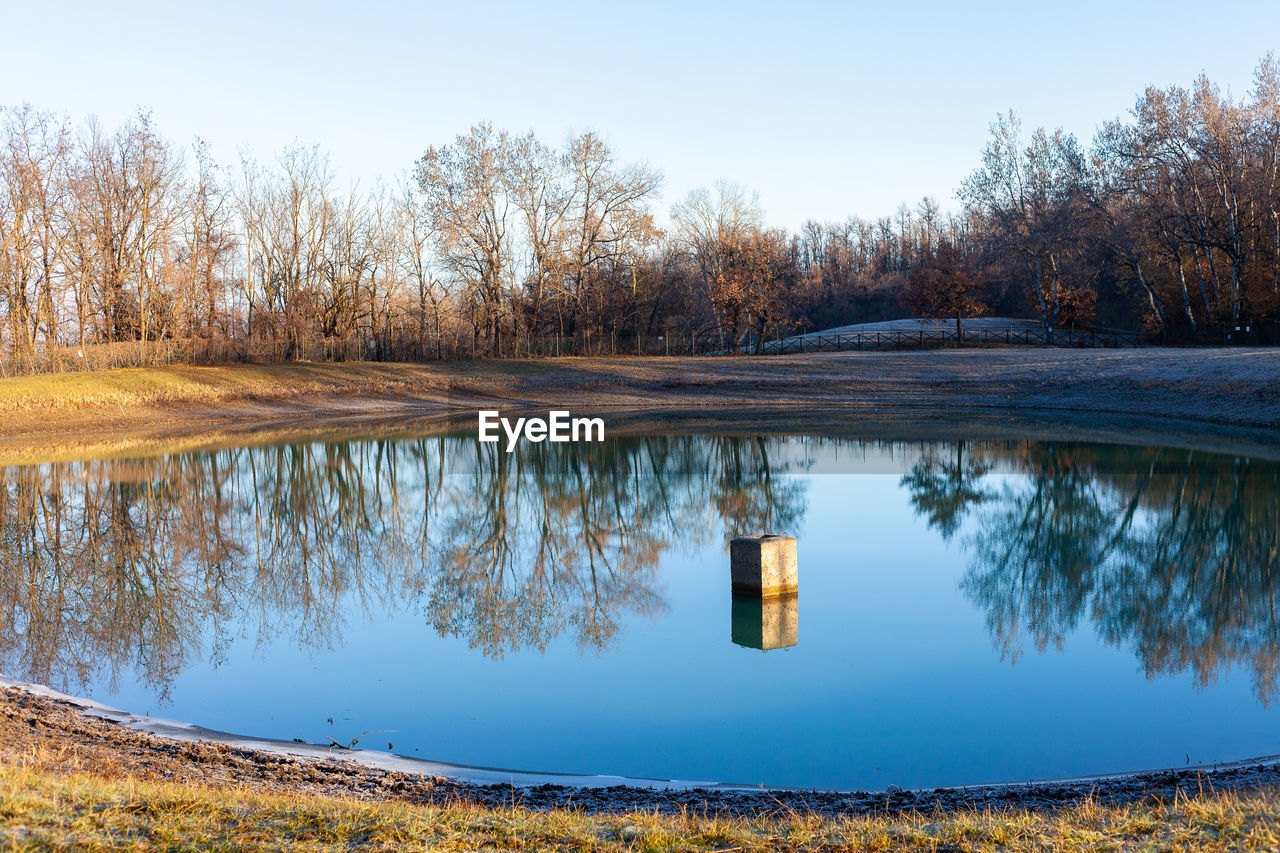 Little lake in the wood with trees reflected on water surface