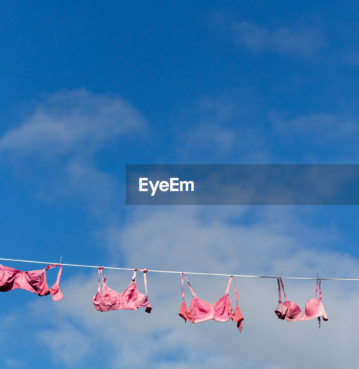 Low angle view of bras hanging on clothesline against sky