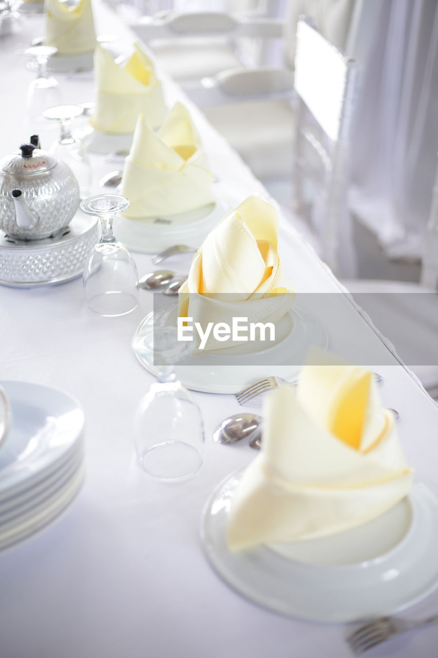 High angle view of place setting on table at restaurant