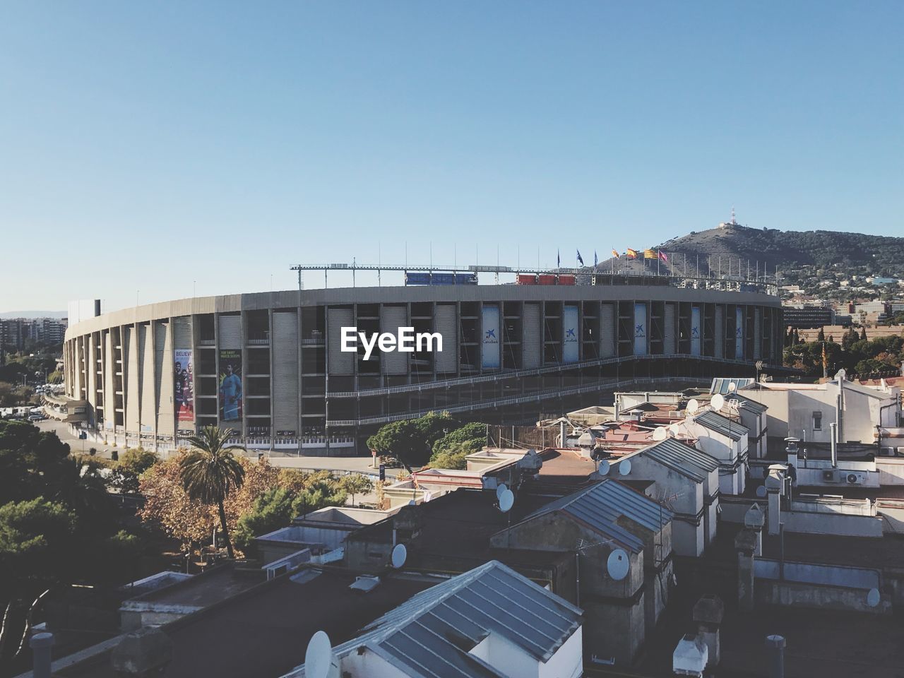 PANORAMIC VIEW OF RESIDENTIAL DISTRICT AGAINST CLEAR SKY