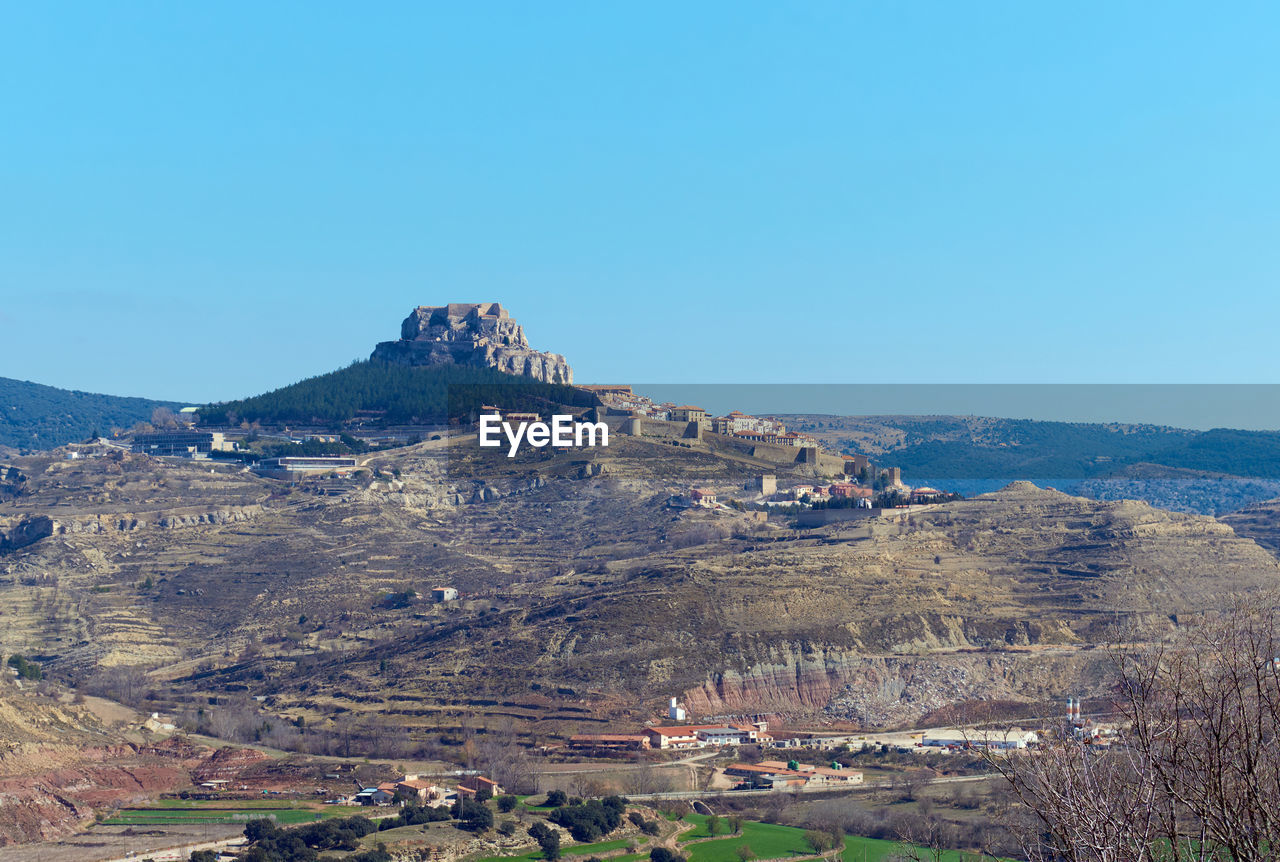 Aerial view of people on mountain against clear blue sky