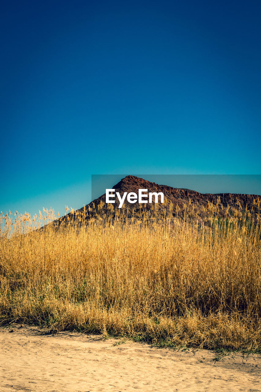 Scenic view of land against clear blue sky