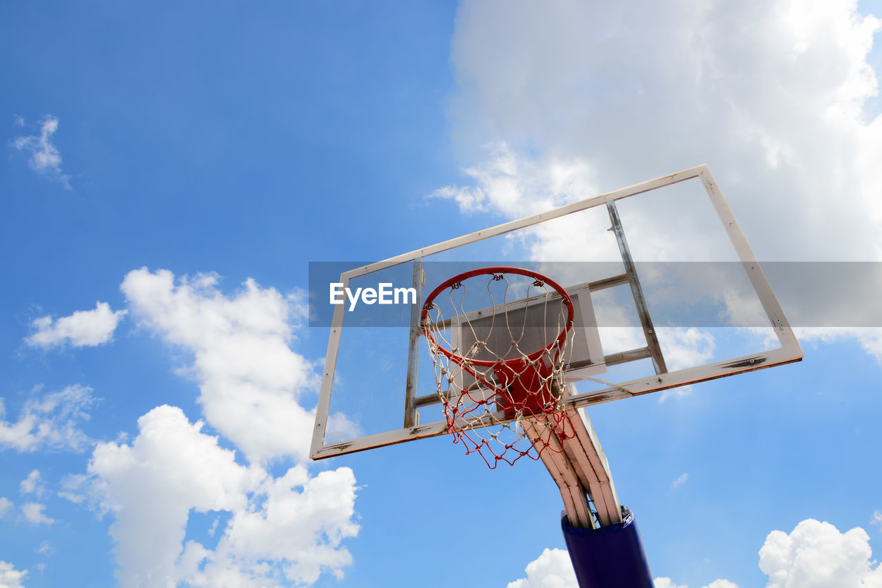 Low angle view of basketball hoop against sky