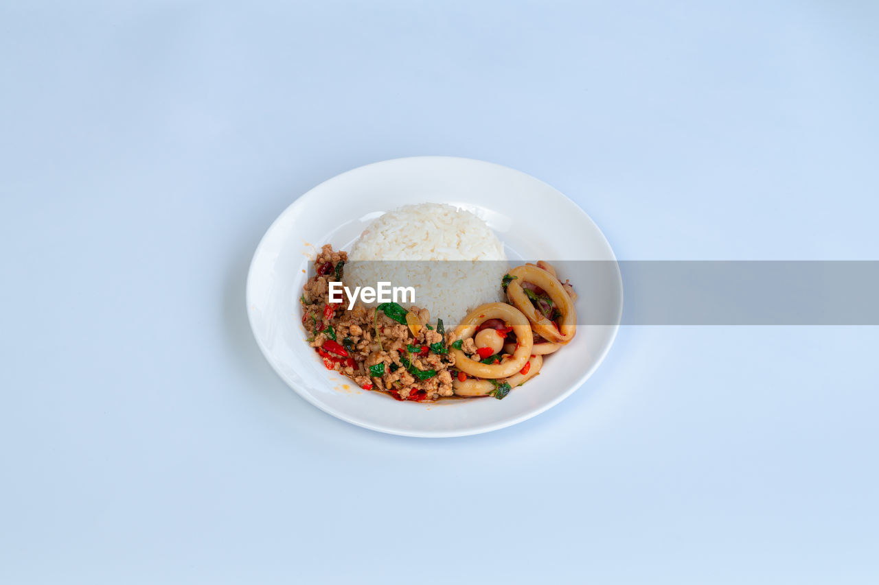 directly above shot of food in bowl against white background