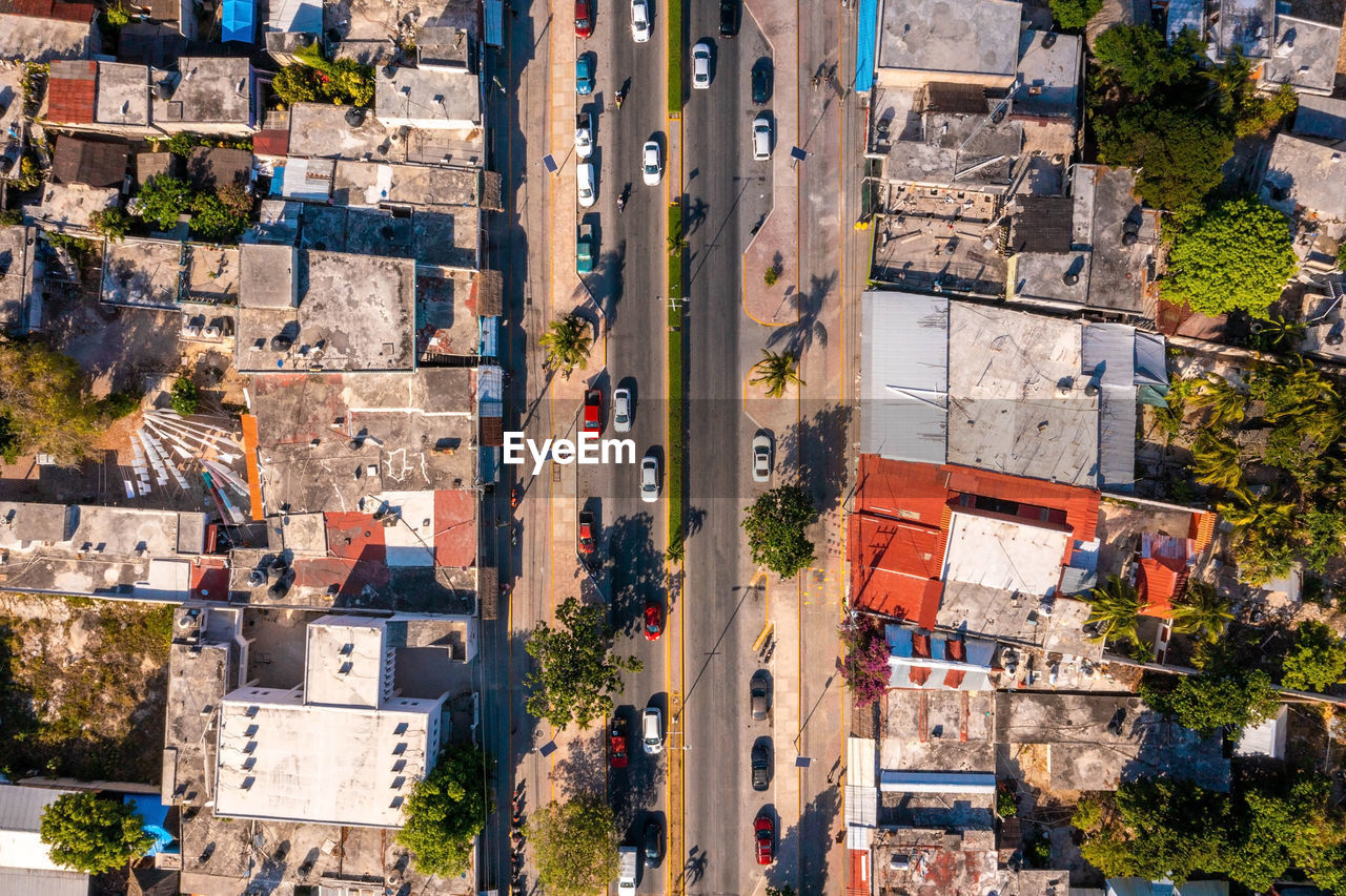 Aerial view of the tulum town from above. small mexican village.