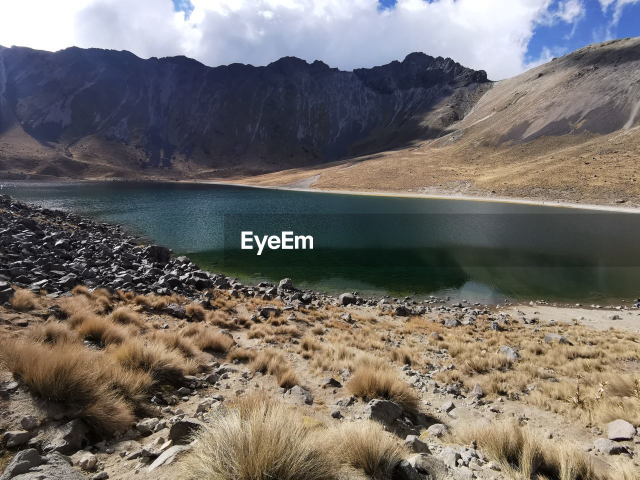 Scenic view of lake and mountains against sky