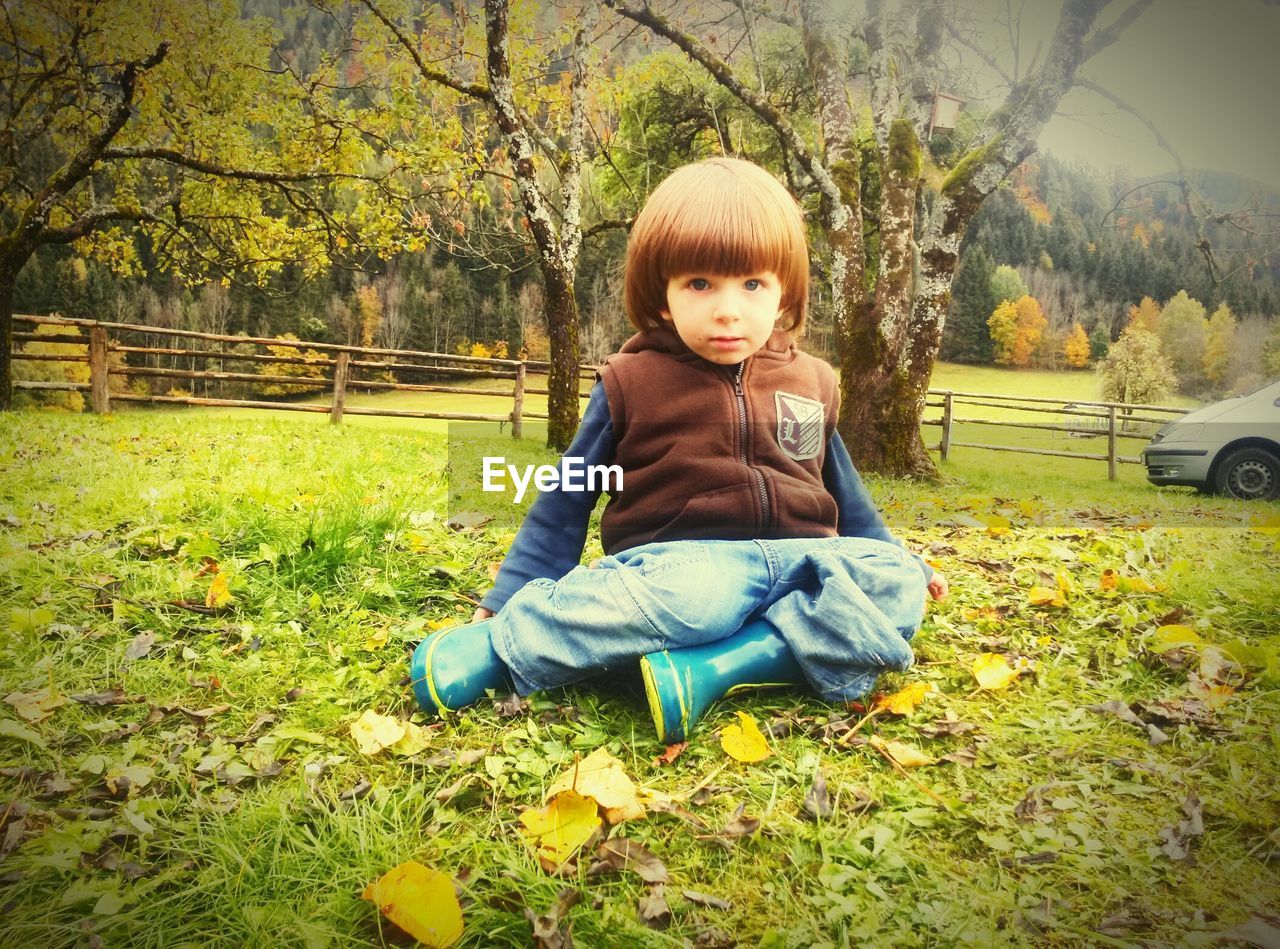 Portrait of boy sitting on grassy field