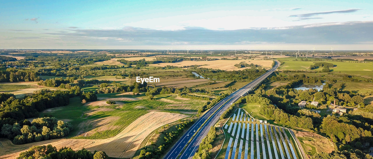 High angle view of trees on landscape against sky