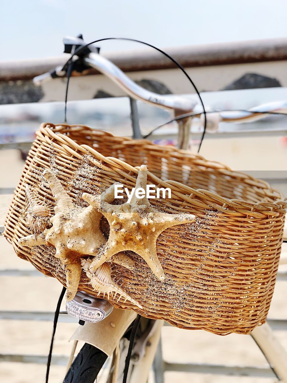 Close-up of bicycle in basket on beach