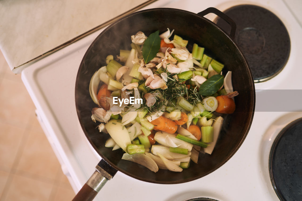 high angle view of food in bowl on table